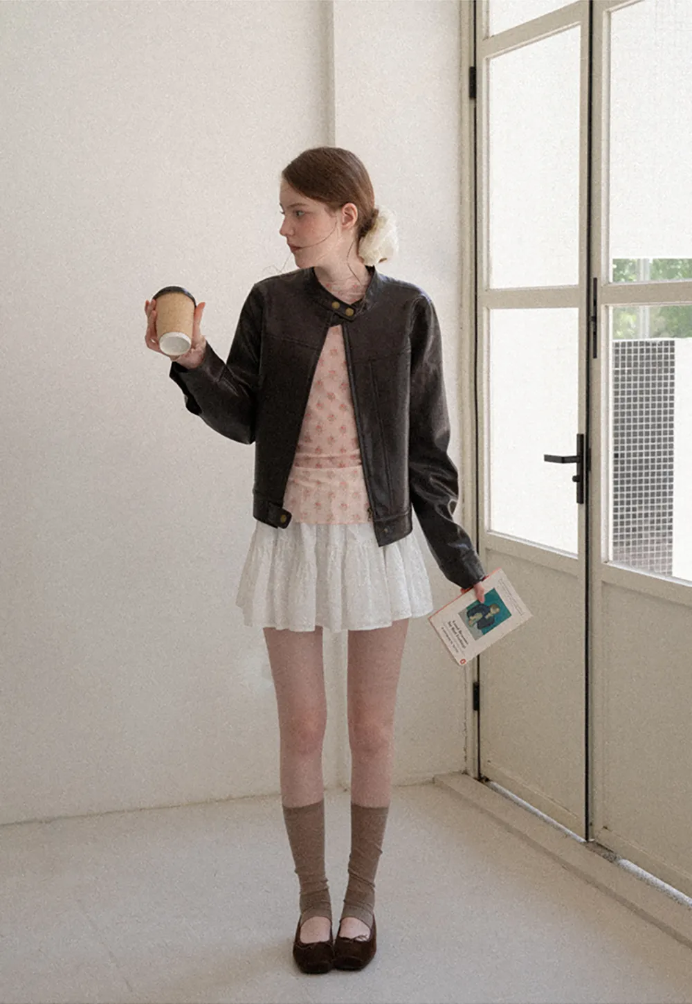 Stand Collar Snap Button Short Leather Jacket