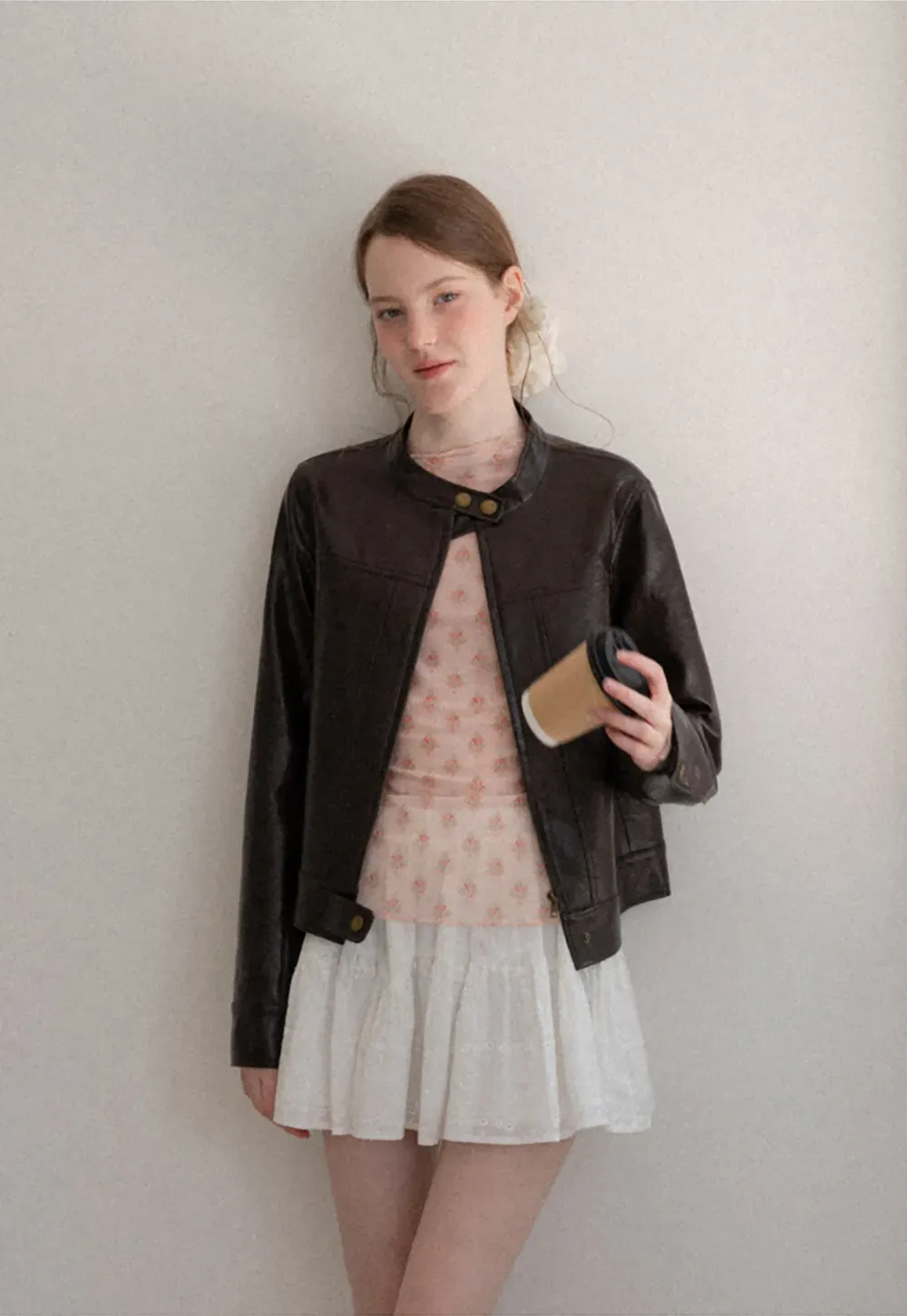Stand Collar Snap Button Short Leather Jacket