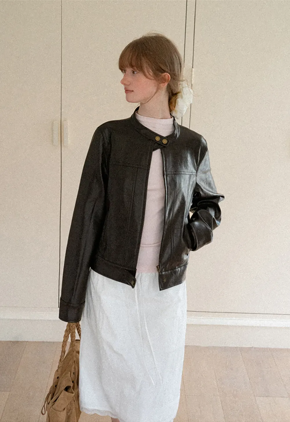 Stand Collar Snap Button Short Leather Jacket
