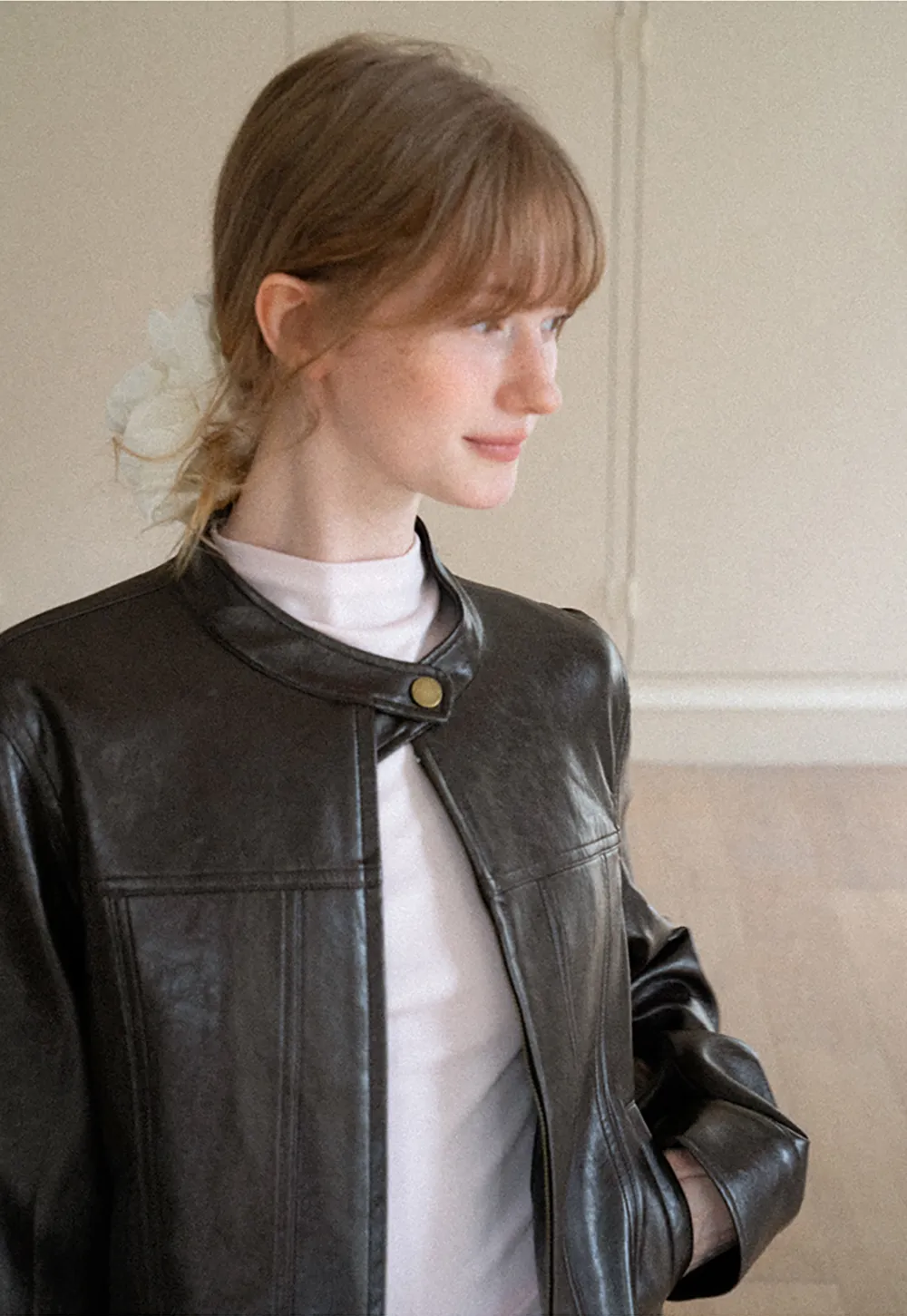 Stand Collar Snap Button Short Leather Jacket