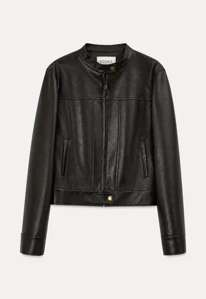 Stand Collar Snap Button Short Leather Jacket