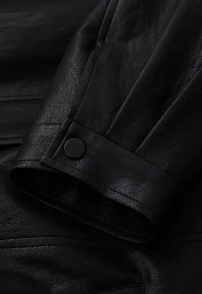 Cropped Leather Jacket with Snap Closure