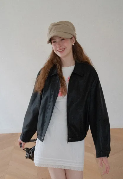 Cropped Leather Jacket with Snap Closure