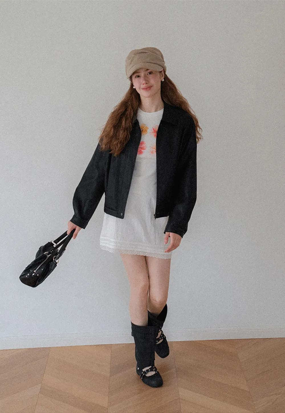 Cropped Leather Jacket with Snap Closure