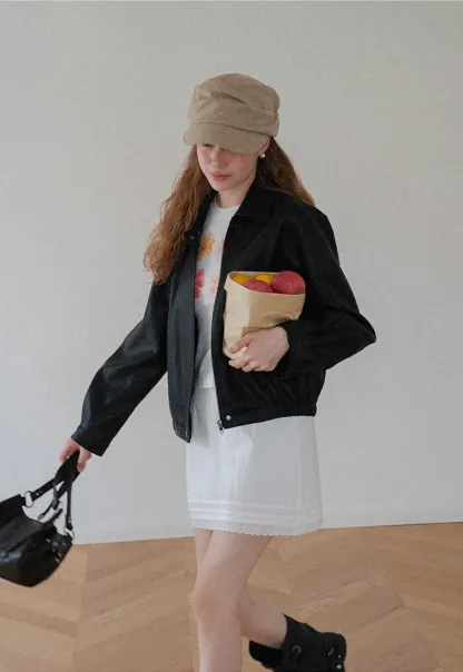 Cropped Leather Jacket with Snap Closure