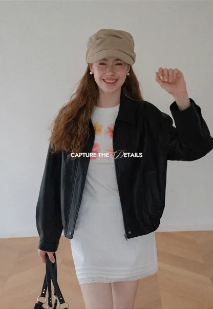 Cropped Leather Jacket with Snap Closure