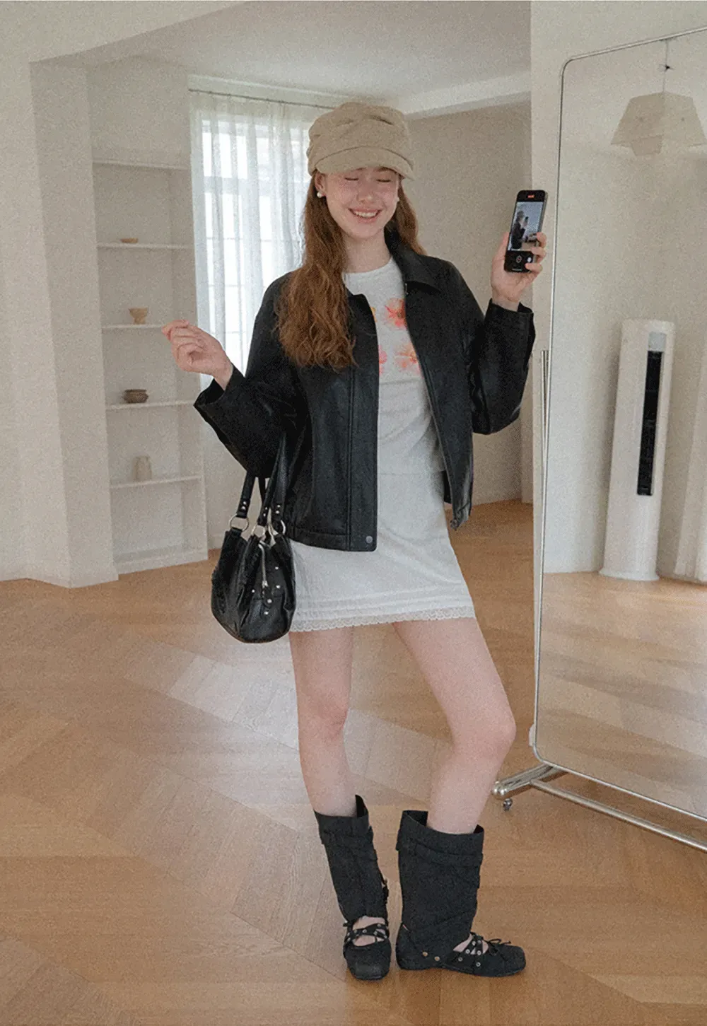 Cropped Leather Jacket with Snap Closure