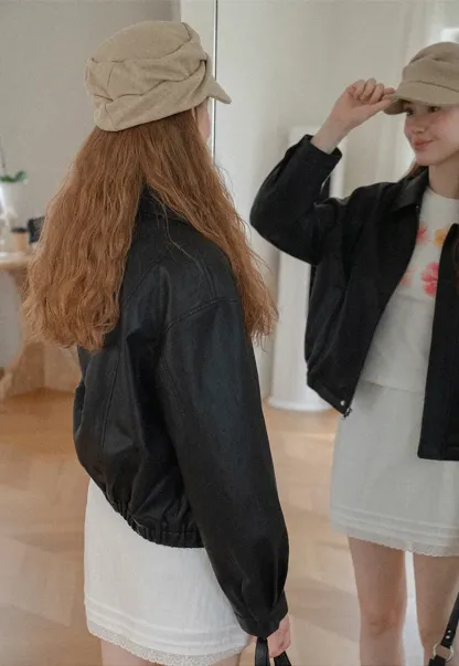 Cropped Leather Jacket with Snap Closure