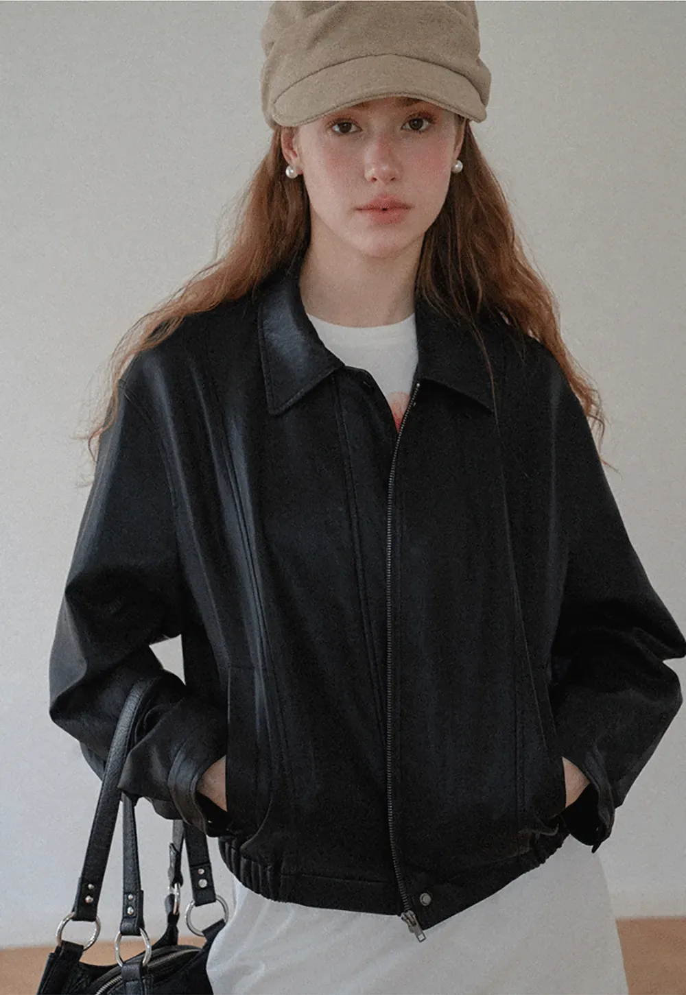 Cropped Leather Jacket with Snap Closure