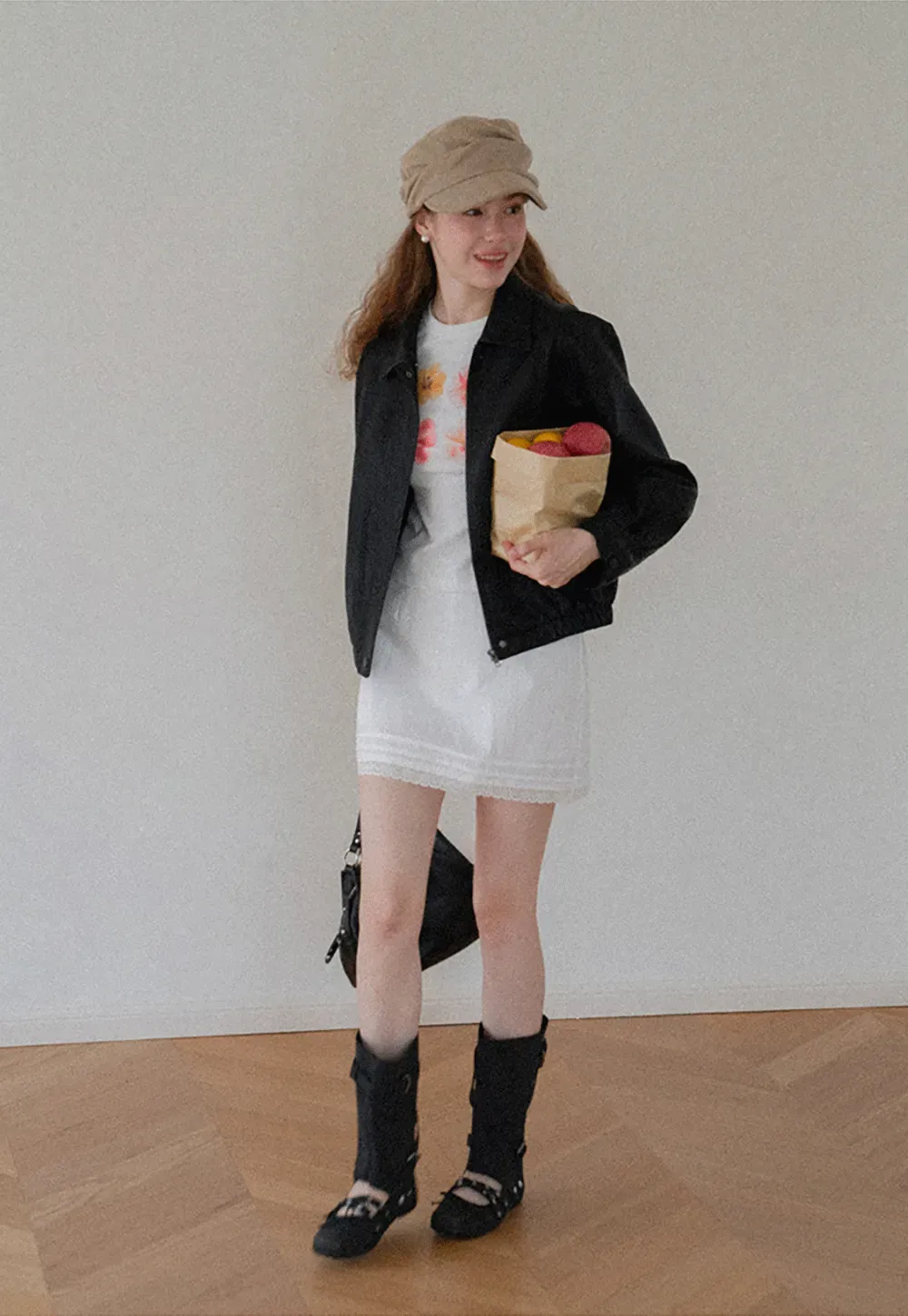 Cropped Leather Jacket with Snap Closure