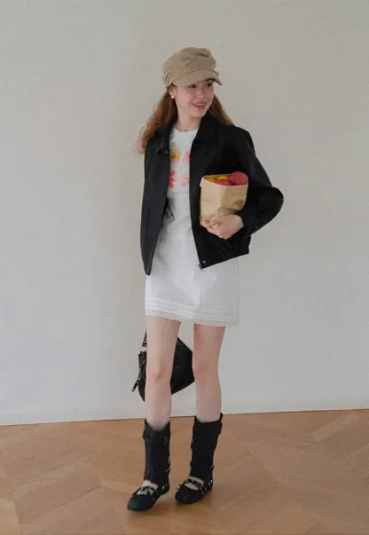 Cropped Leather Jacket with Snap Closure