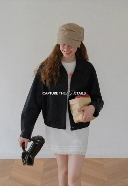 Cropped Leather Jacket with Snap Closure