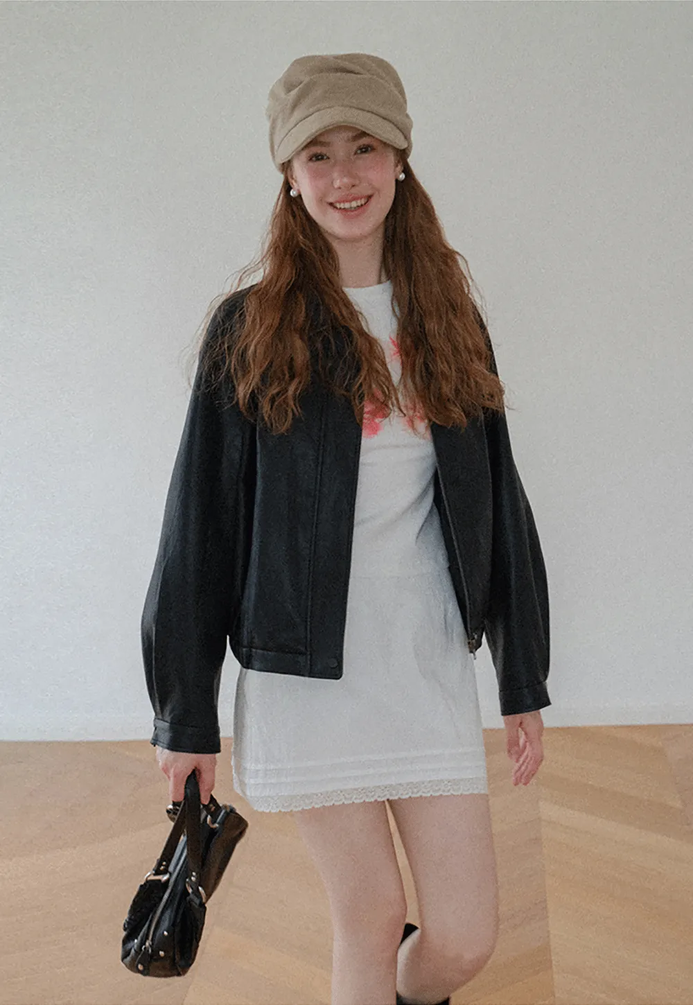 Cropped Leather Jacket with Snap Closure