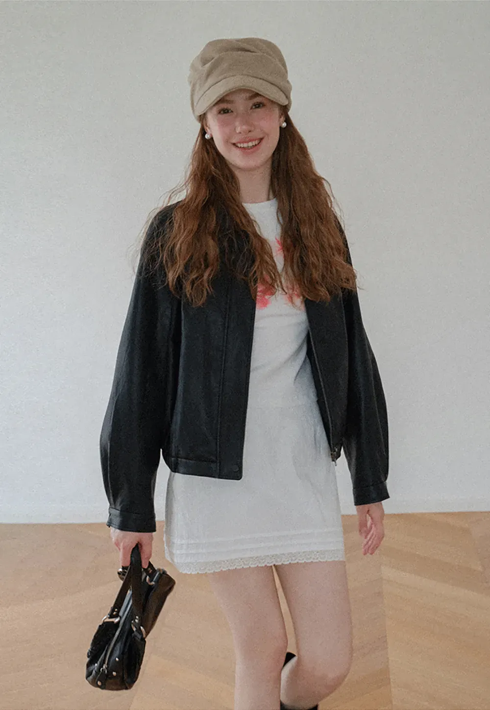 Cropped Leather Jacket with Snap Closure