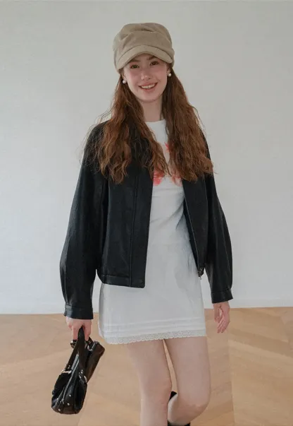 Cropped Leather Jacket with Snap Closure
