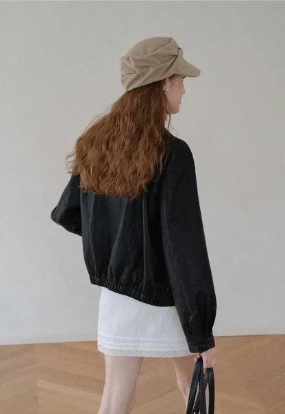Cropped Leather Jacket with Snap Closure