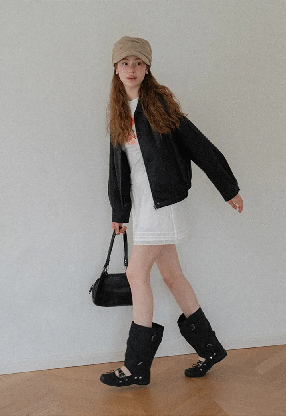 Cropped Leather Jacket with Snap Closure