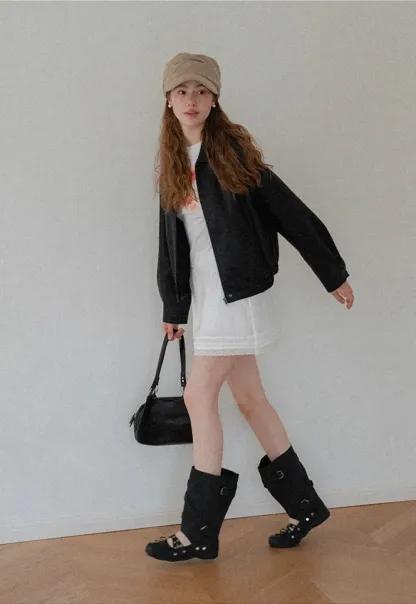 Cropped Leather Jacket with Snap Closure