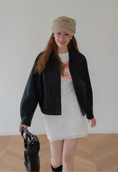 Cropped Leather Jacket with Snap Closure