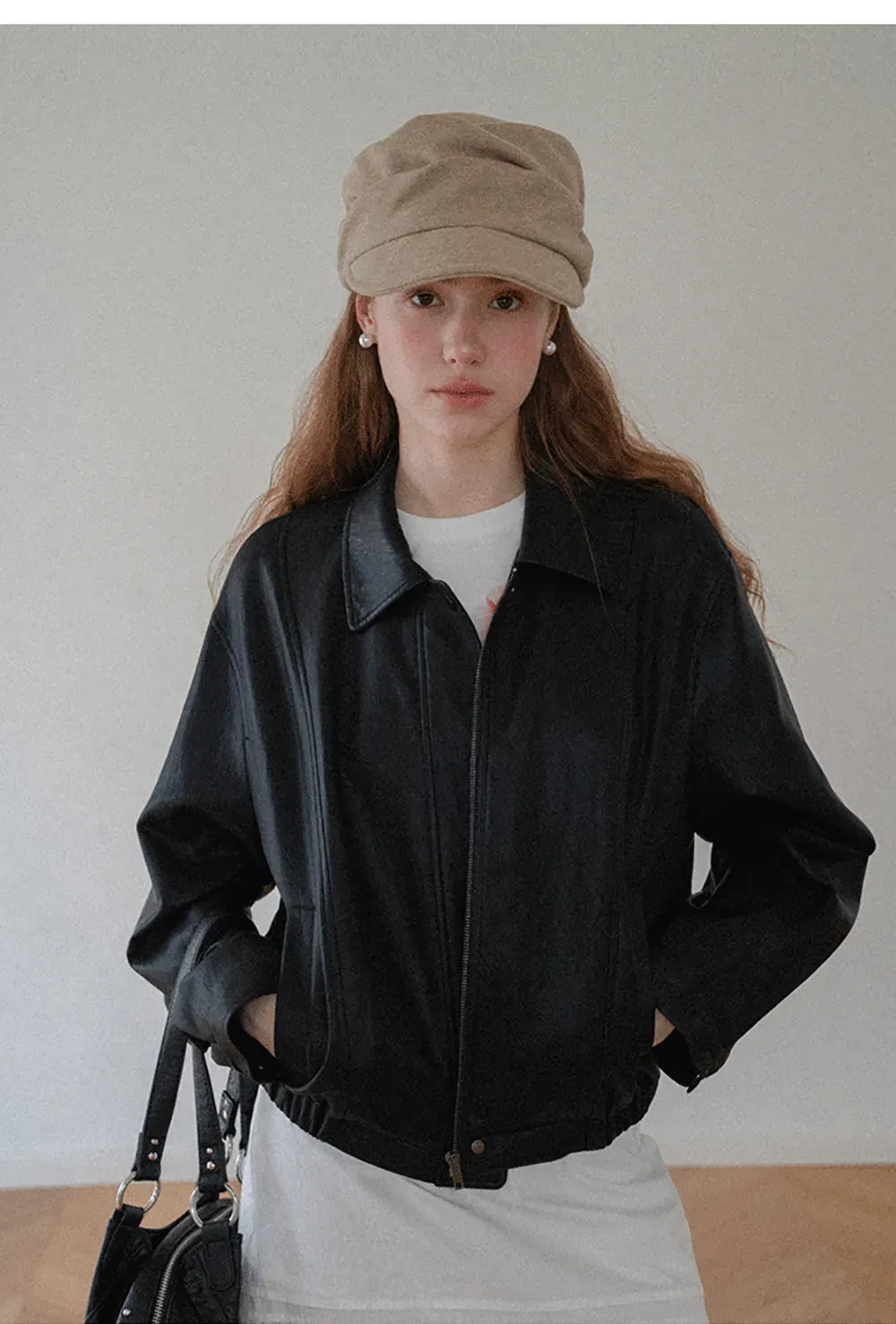 Cropped Leather Jacket with Snap Closure