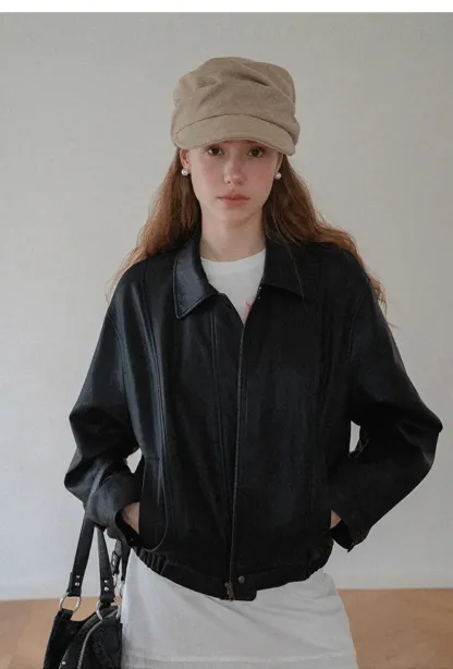 Cropped Leather Jacket with Snap Closure