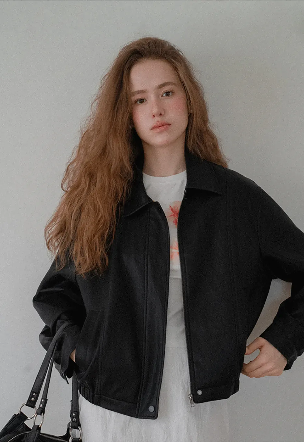 Cropped Leather Jacket with Snap Closure