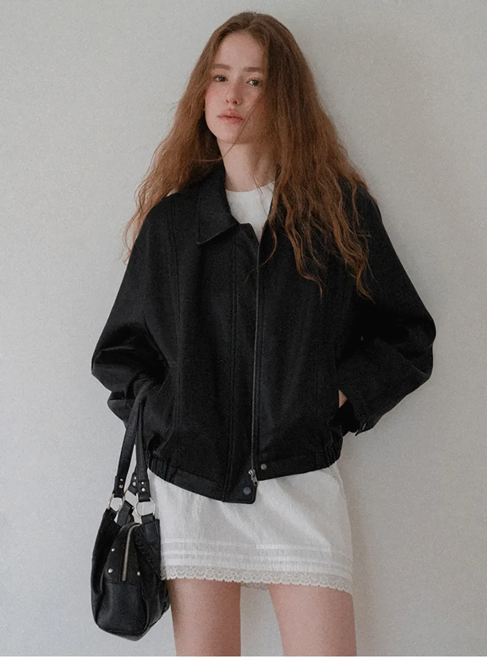 Cropped Leather Jacket with Snap Closure