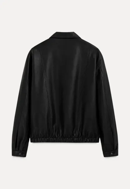 Cropped Leather Jacket with Snap Closure
