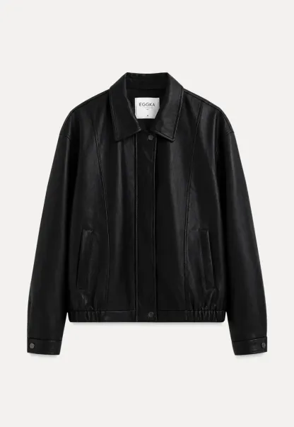 Cropped Leather Jacket with Snap Closure