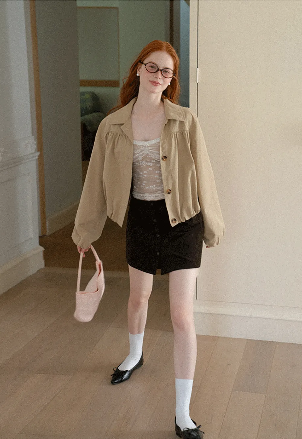 Puffed Sleeve Collared Cropped Short Jacket