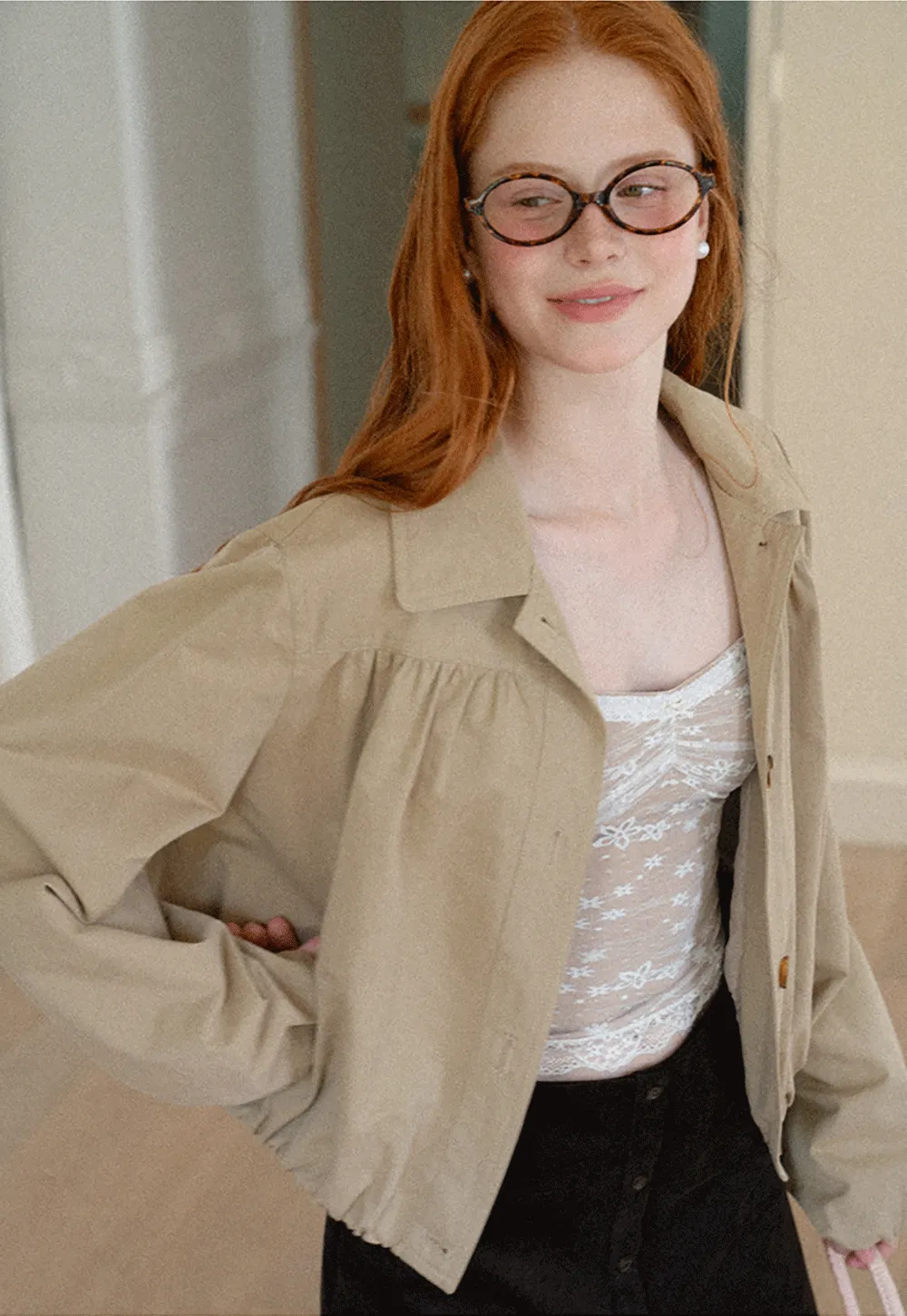 Puffed Sleeve Collared Cropped Short Jacket