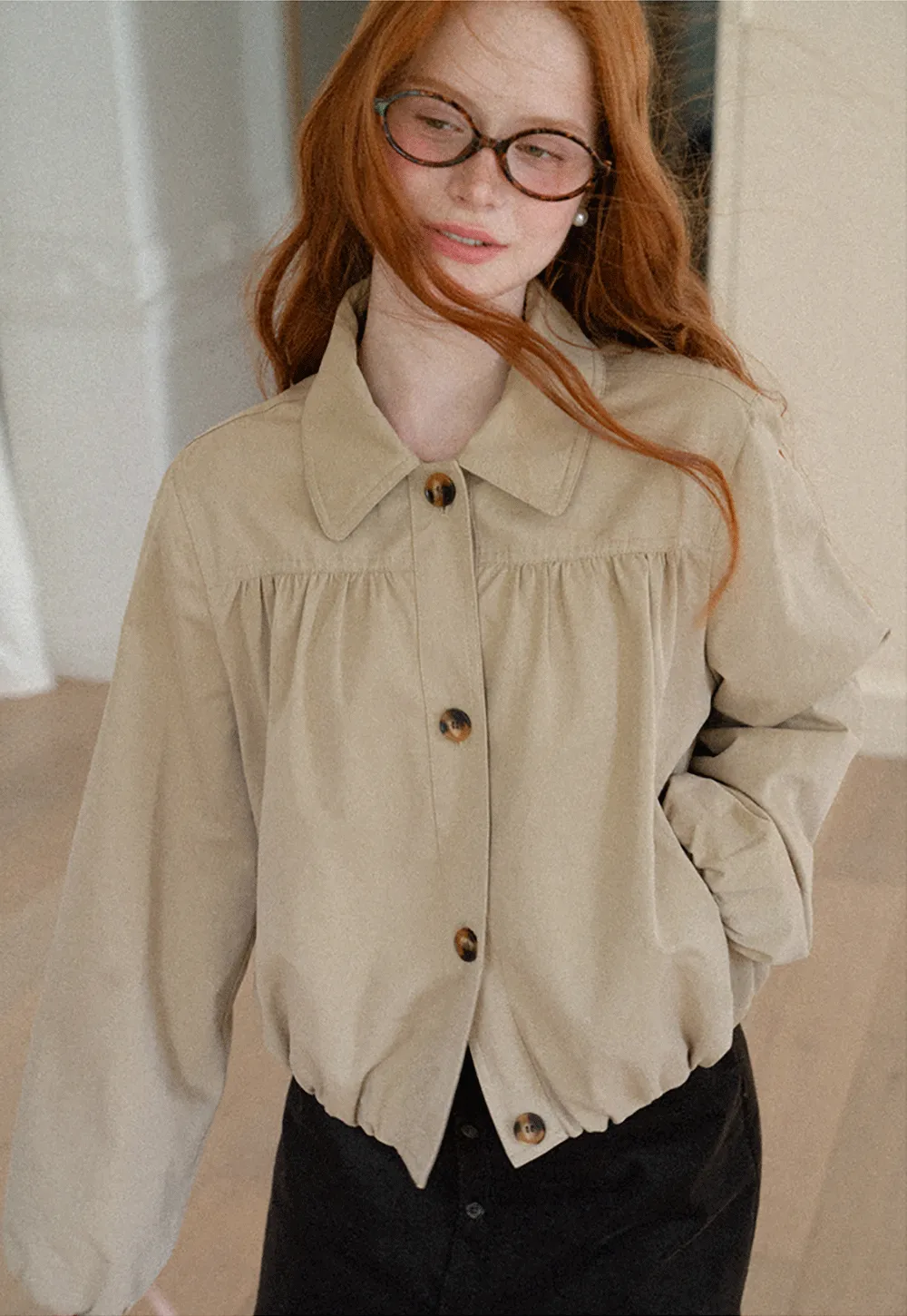 Puffed Sleeve Collared Cropped Short Jacket