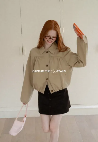 Puffed Sleeve Collared Cropped Short Jacket