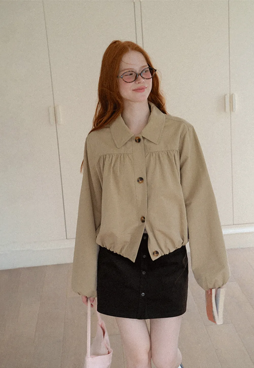 Puffed Sleeve Collared Cropped Short Jacket