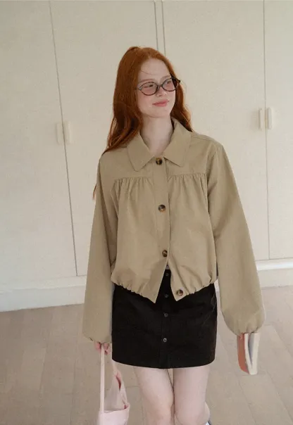 Puffed Sleeve Collared Cropped Short Jacket