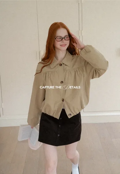 Puffed Sleeve Collared Cropped Short Jacket
