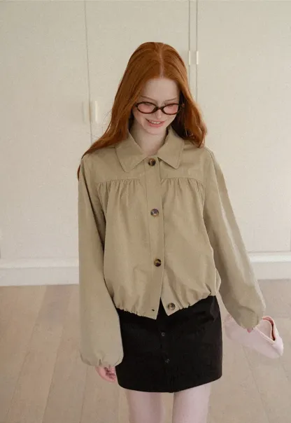 Puffed Sleeve Collared Cropped Short Jacket