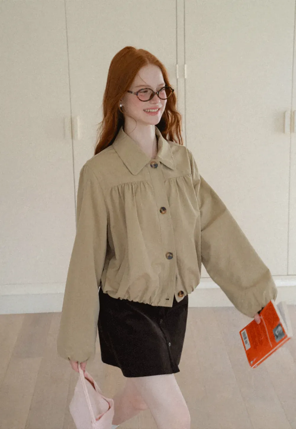 Puffed Sleeve Collared Cropped Short Jacket