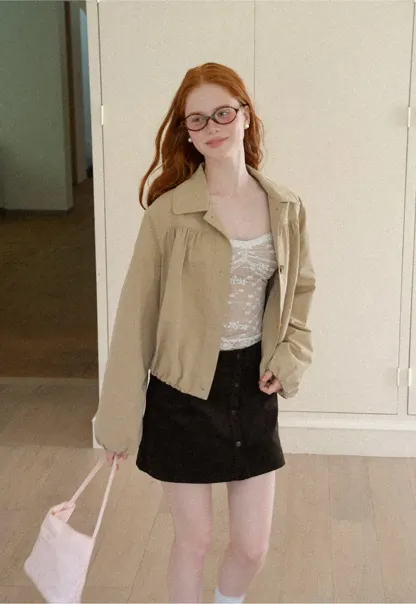 Puffed Sleeve Collared Cropped Short Jacket