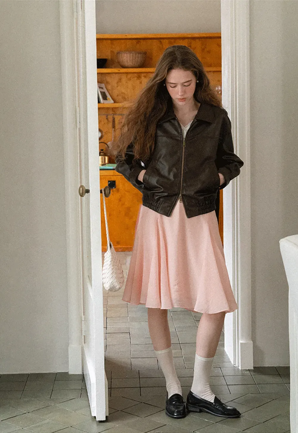 Cropped Leather Jacket with Collar and Zip Front