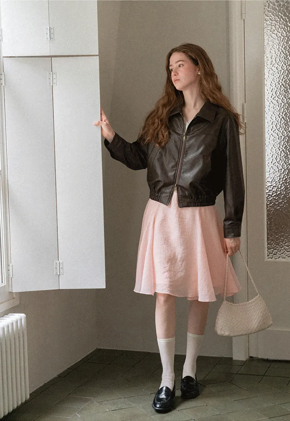 Cropped Leather Jacket with Collar and Zip Front
