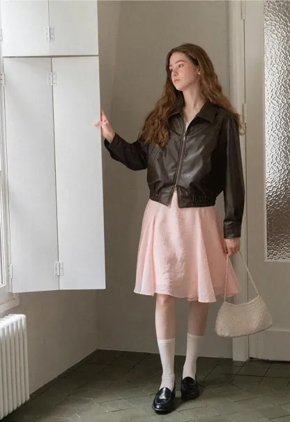 Cropped Leather Jacket with Collar and Zip Front