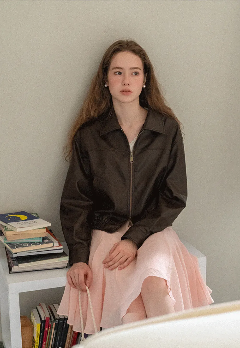 Cropped Leather Jacket with Collar and Zip Front