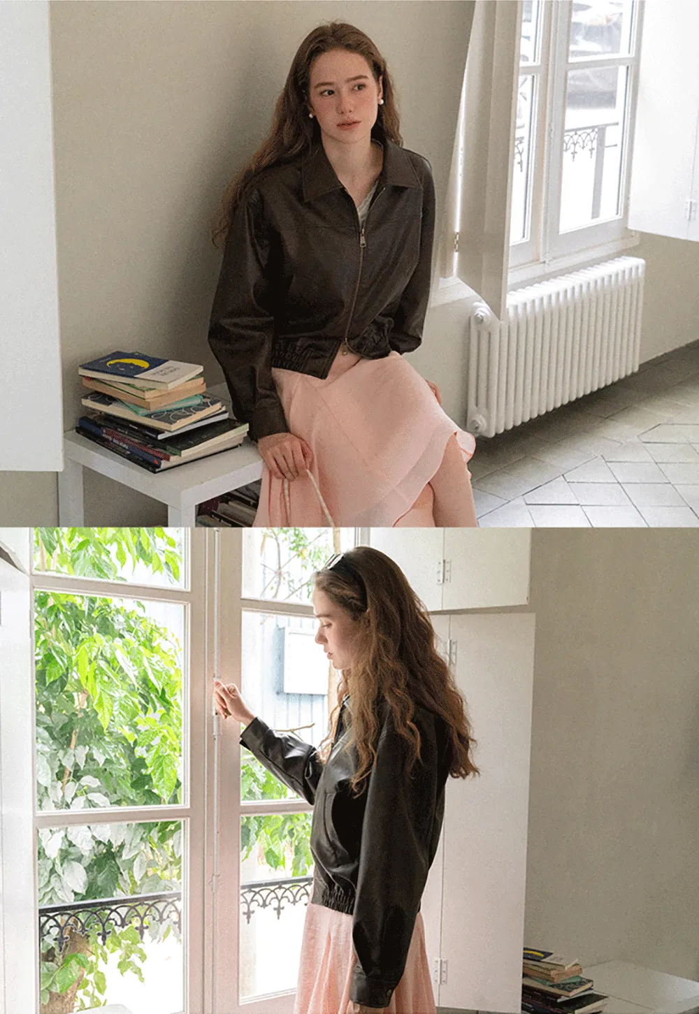 Cropped Leather Jacket with Collar and Zip Front