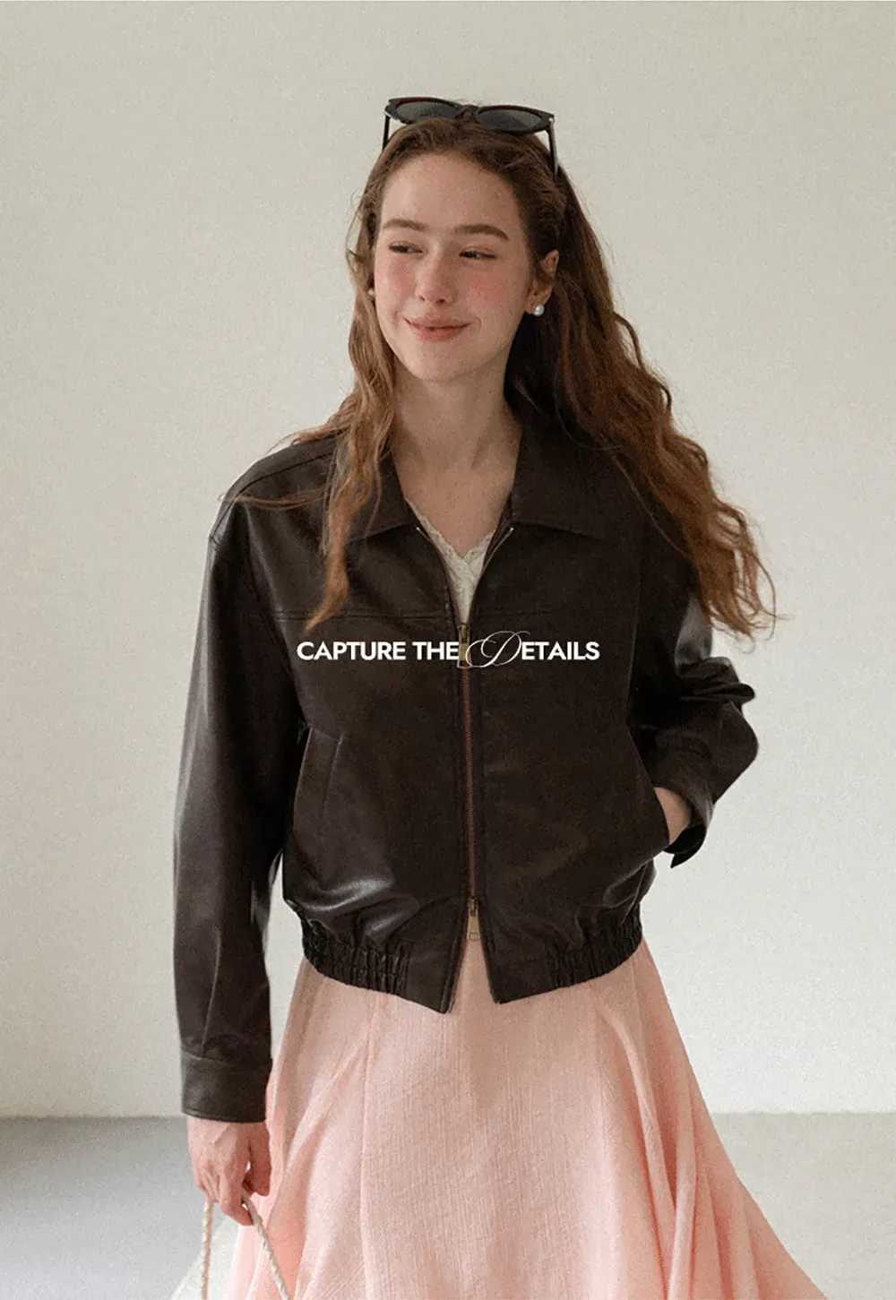 Cropped Leather Jacket with Collar and Zip Front