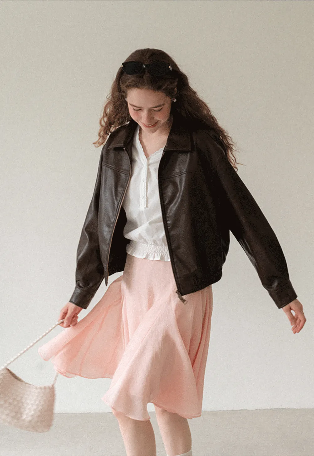 Cropped Leather Jacket with Collar and Zip Front