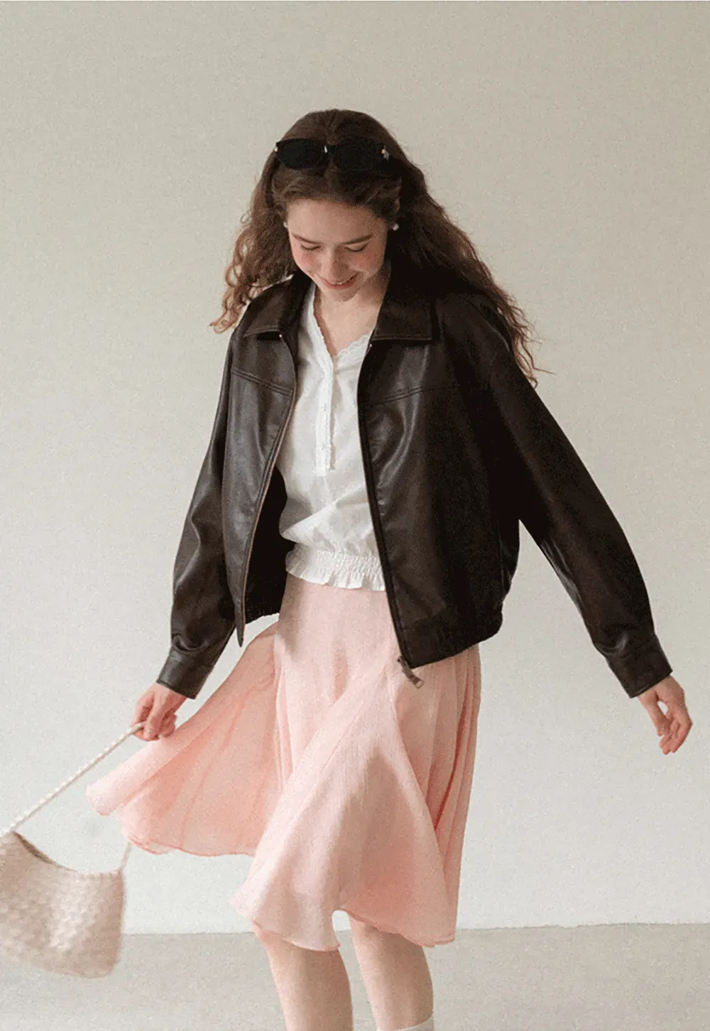 Cropped Leather Jacket with Collar and Zip Front