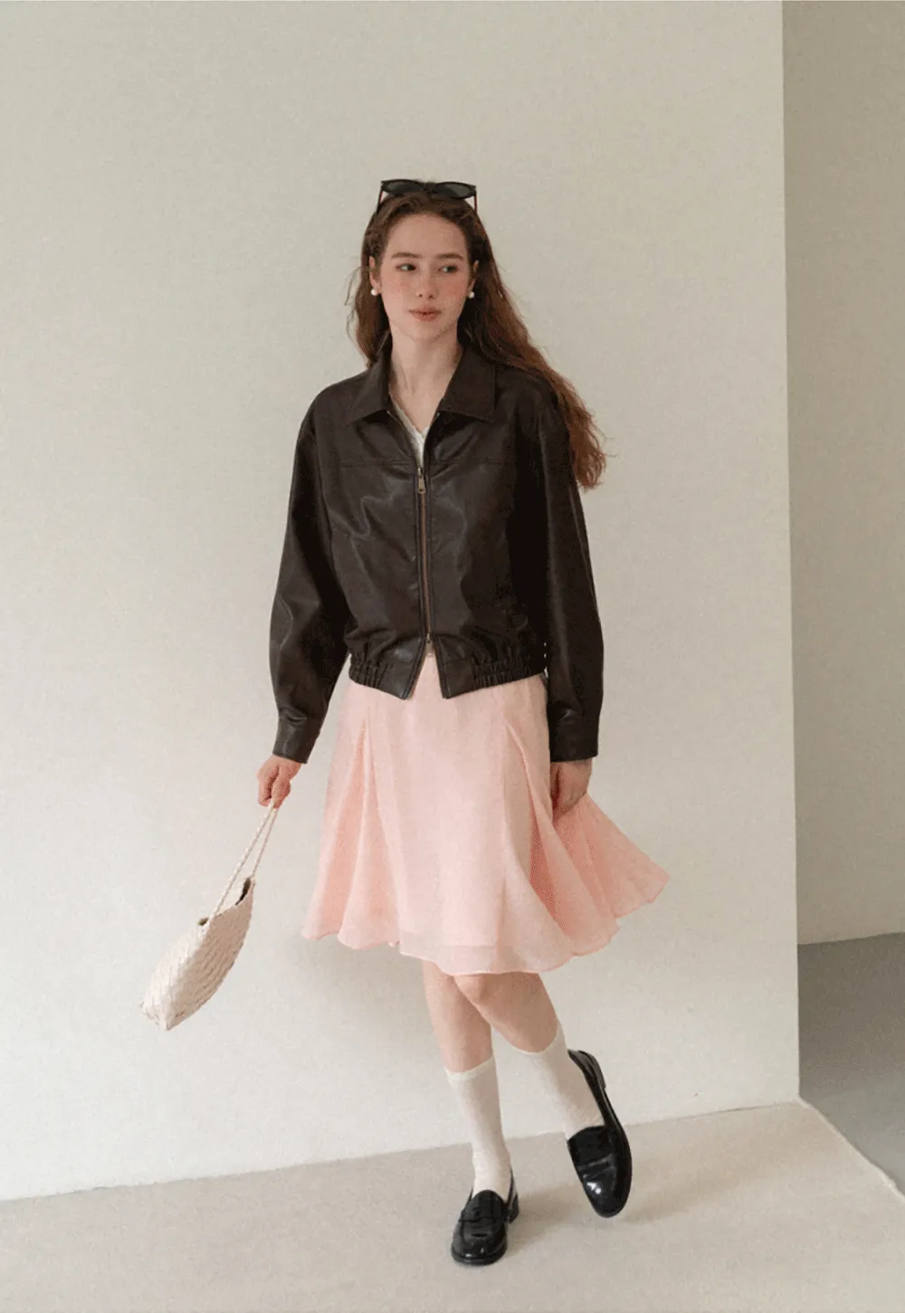 Cropped Leather Jacket with Collar and Zip Front