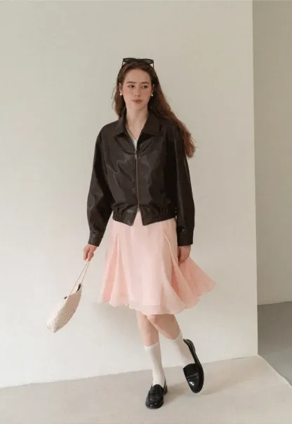 Cropped Leather Jacket with Collar and Zip Front