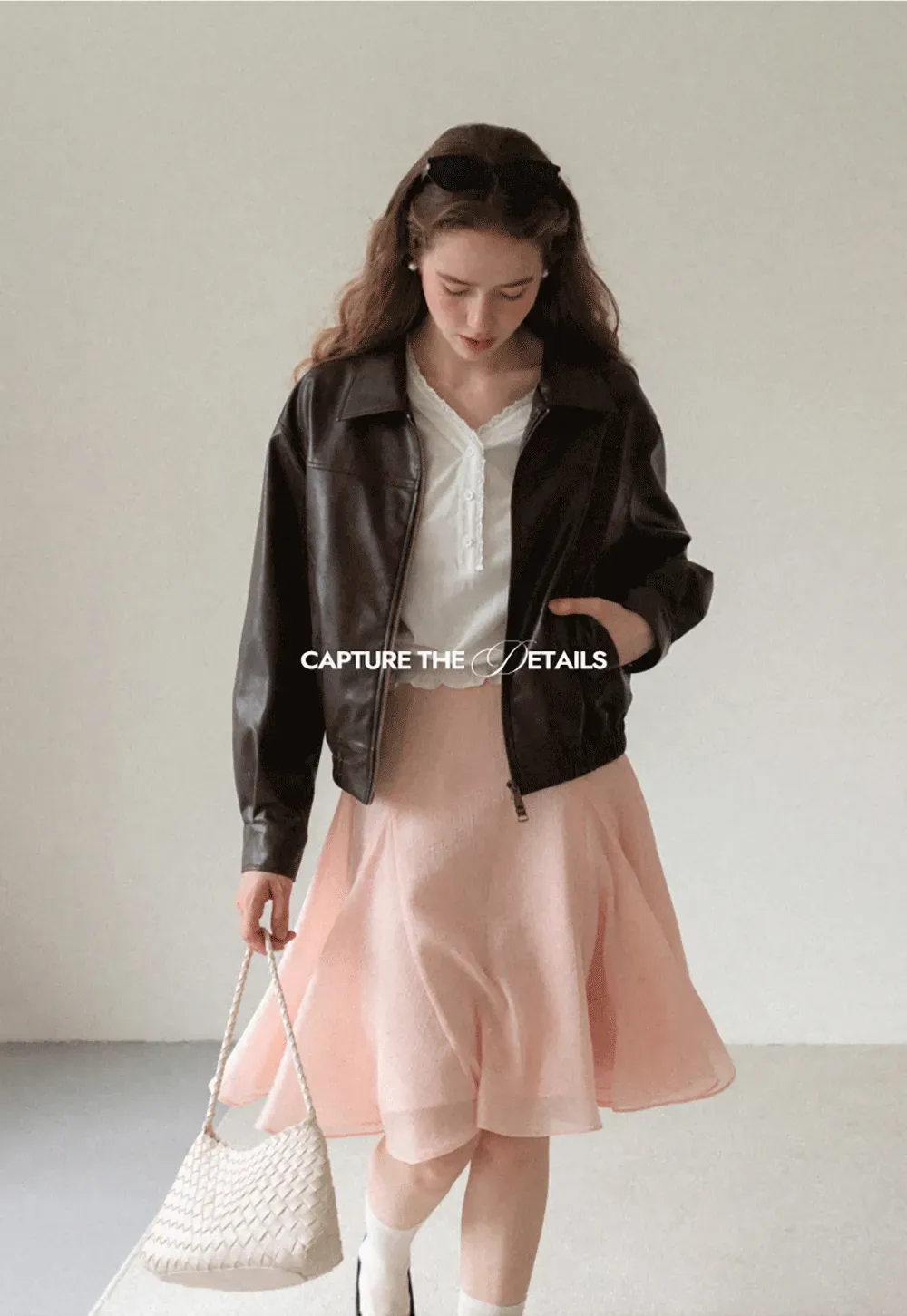 Cropped Leather Jacket with Collar and Zip Front